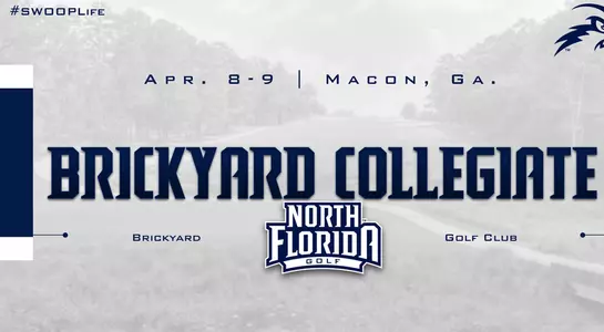 Women's golf preview graphic for Brickyard Collegiate featuring background photo of Brickyard Golf Club
