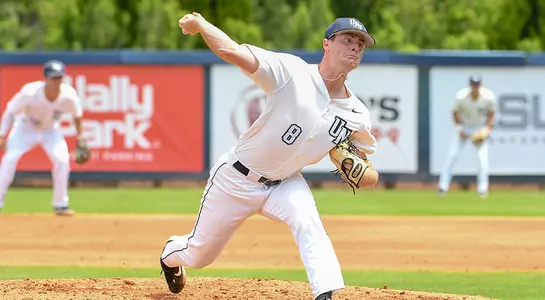Picture of junior pitcher Brandon Reitz delivering a pitch during a game against JU.
