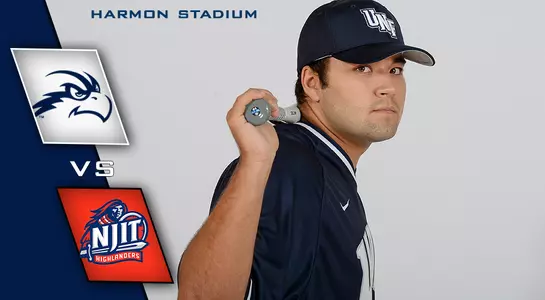 David Maberry holds a baseball bat and looks at the camera with logos of NJIT and UNF.