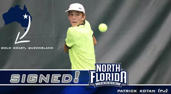 Men's tennis player Patrick Kotan signs with the UNF men's tennis team. This graphic features Kotan hitting a backhand and a picture of Australia and logos.
