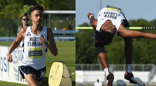 Jared Vazquez crosses the finish line and Jaasiel Torres clears the high jump bar