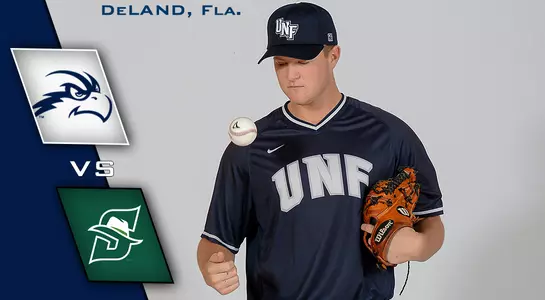 Preview graphic with Trace Norkus flipping a baseball to himself next to logos of Stetson and North florida.