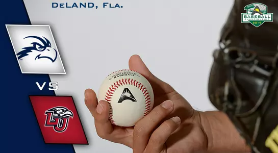 Graphic with logos of liberty and unf next to a pitcher holding a baseball.