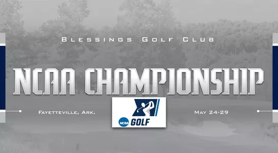 Preview graphic for men's golf NCAA Championship tournament featuring background image of Blessings Golf Club