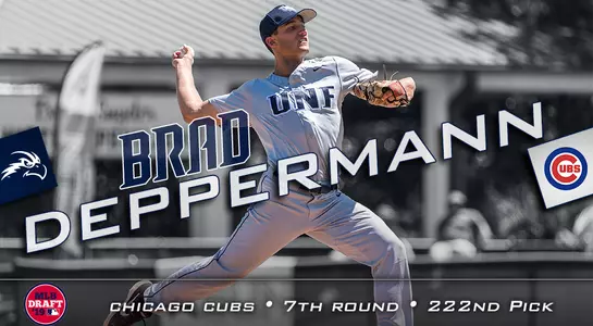 Picture of Brad Deppermann pitching behind text of his name and logos of UNF and the Chicago Cubs.