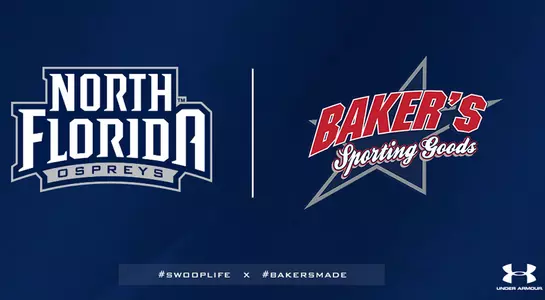 Graphic announcing partnership between UNF Athletics and Baker's Sporting Goods featuring UNF and Baker's Logos along with an Under Armour logo on a navy blue background