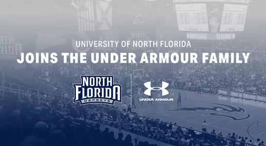 UNF Arena floor in background of graphic announcing partnership between North Florida and Under Armour. UNF and Under Armour logos also appear on image