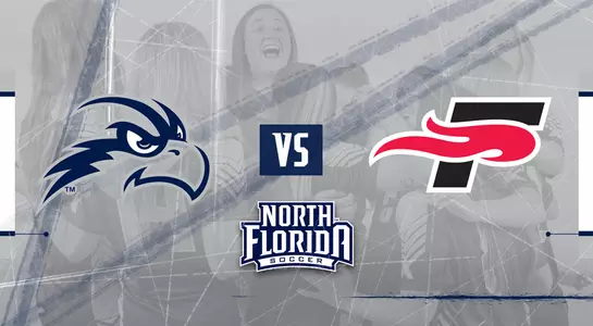 Women's soccer preview graphic featuring team huddle in the background along with logos for North Florida Soccer and Southeastern University