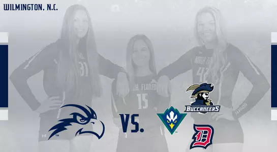 Background features three volleyball players with text and logos of four teams.