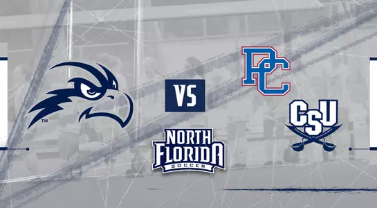 Women's soccer preview graphic featuring team huddle in the background along with logos for North Florida Soccer, Presbyterian College and Charleston Southern