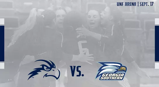Preview graphic for volleyball's match vs. Georgia Southern with a team huddle and gray overlay.