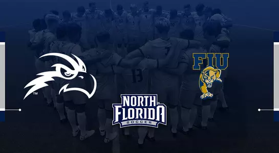 Men's soccer graphic has the team behind UNF Osprey head logo and FIU logo.