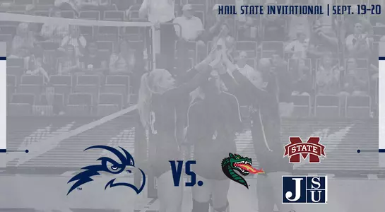 Hail State Volleyball Invitational preview graphic with logos over a gray background.