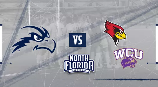 Preview graphic for women's soccer games vs Illinois State and Western Carolina featuring logos of Illinois State, Western Carolina and North Florida and background image of team huddle