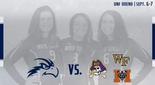 Preview graphic for the UNF Invitational with a gray background over images of Gabby, Miriam and Emma.