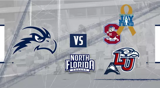 Preview graphic for women's soccer games vs South Carolina State and Liberty featuring logos of South Carolina State, Liberty and North Florida and background image of team huddle