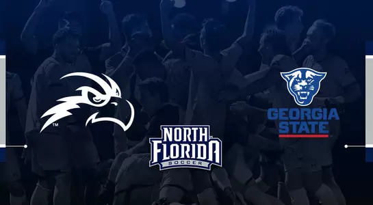 Graphic about Men's soccer facing Georgia State with an image of the team celebrating in the background.