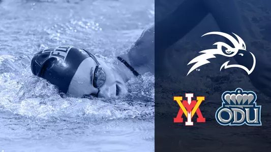 Swimming preview for VMI and ODU ... graphic features an Osprey head logo and the other schools logo.