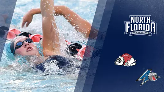 Swimming preview graphic has North Florida swimming logo and logos for UNCA and Gardner-Webb.