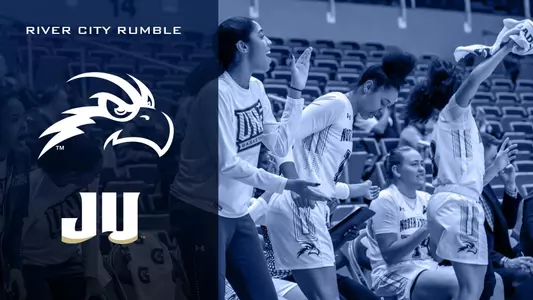 Women's basketball preview graphic - it features the JU logo and Osprey head with River City Rumble as text.