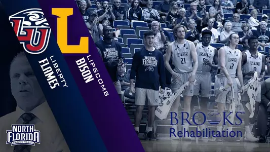 Preview graphic for men's basketball games versus Liberty and Lipscomb featuring North Florida, Liberty and Lipscomb logos and group of players celebrating on the sideline of the court