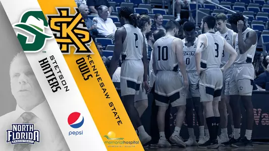 Preview graphic for men's basketball games versus Stetson and Kennesaw State featuring North Florida, Stetson and Kennesaw State logos. A team huddle and head shot of coach Matthew Driscoll are in the background
