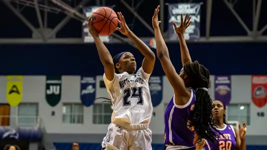 Janesha Green goes up against an Edward Waters player to score a basket.