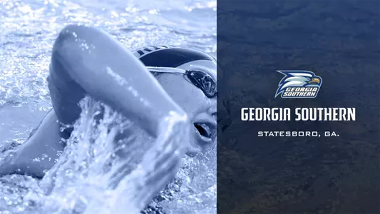 Georgia Southern Preview Graphic featuring Sarah Trago swimming behind text that says Georgia Southern, Statesboro. Ga.