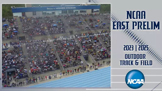 The NCAA selected UNF to host the 2023 and 2025 East Prelims for Outdoor Track & Field. Image of Hodges Stadium full of fans and includes blue letters on gray background