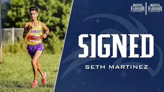 Action shot of Seth Martinez running on the left, text saying SIGNED with his name on the right, XC/TF logos on the top right