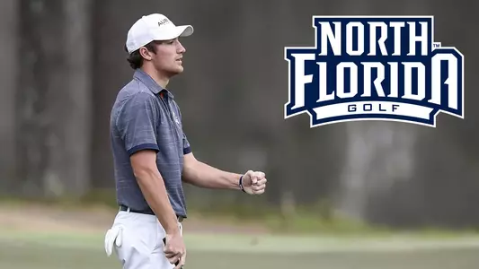 Brandon Mancheno pumps his fist after making a putt on a graphic that also includes the UNF Golf Logo