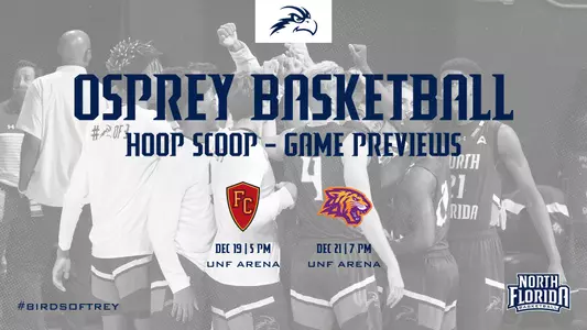 HOOP SCOOP game preview for men's basketball games versus Flagler and Edward Waters featuring team huddle image in background and white text on gray background