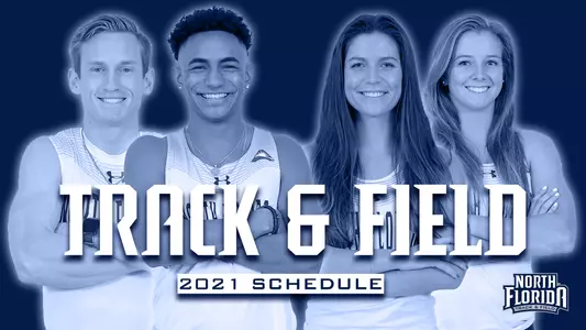 track and field 2021 schedule with pictures of Shaw, Torres, Sullivan and Washburn