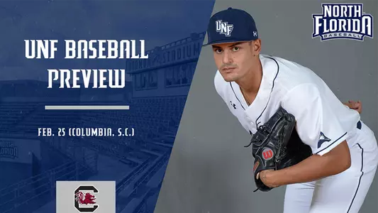 UNF Baseball Preview with Jose Visaez on the front of the graphic next to a background of Harmon Stadium.