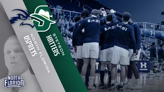 Preview graphic for men's basketball game at Stetson featuring North Florida and Stetson logos and team group huddle image in the background
