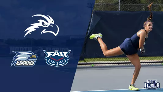 womens tennis preview graphic featuring an action shot of florencia rossi on the right and georgia southern and FAU logos on the left