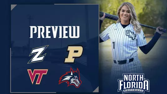 Softball preview with Akron, Purdue, Virginia Tech and Stony Brook logos with Britney Purser as the picture