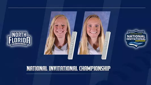 National Invitational Championship featuring headshots of Barklund and Graf. Has the UNF swimming and NIC logos.