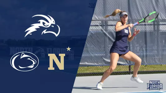 women's tennis penn state and navy preview graphic featuring an action shot of Kendall Nash