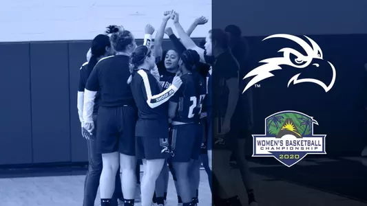 Women's basketball preview for the ASUN Semifinals - features the ASUN Championship logo and the Osprey head over a team huddle.