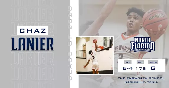Graphic announcing addition of Chaz Lanier to Men's Basketball team featuring images of Chaz dunking the basketball. He is a 6-4, 175, guard from the Ensworth School in Nashville, Tenn.