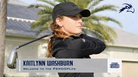 Kaitlynn Washburn follows through on her golf swing as part of the graphic announcing her signing a scholarship to play women's golf at North Florida