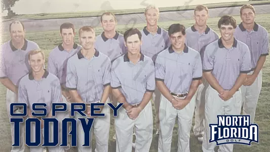 Osprey Today graphic highlighting 1999 NCAA Golf Regional appearance for men's golf featuring team lined up next to the green