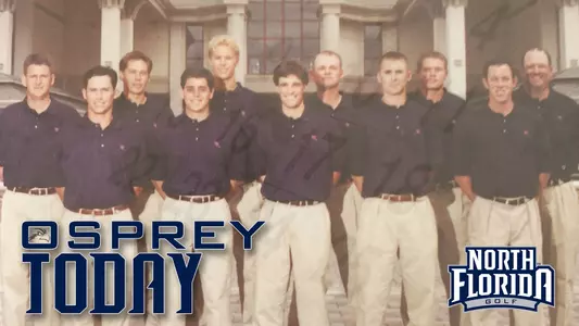 Osprey Today graphic highlighting 2000 NCAA Men's Golf Championship appearance for the Ospreys featuring team photo of 1999-2000 men's golf team