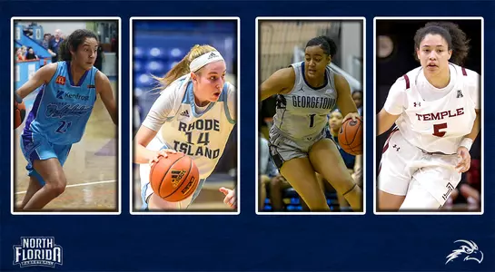 UNF Basketball signs Summah Evns, Erin Jones, Tati Thompson and Marissa Mackins - their photos are featured.
