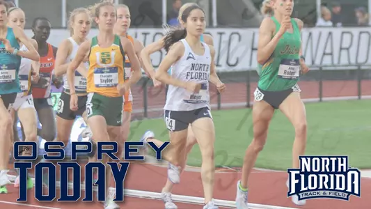 Osprey Today graphic highlighting Eden Meyer earning NCAA Track All-American honors featuring image of Eden Meyer running at the front of a pack on the track