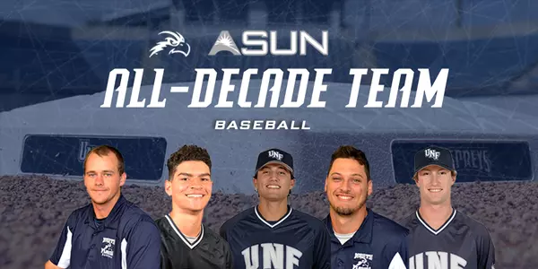 UNF baseball all-decade twitter graphic with pictures of five players over a background of Harmon Stadium