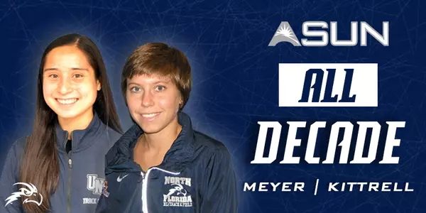 asun women's cross country all-decade graphic with headshots of Kittrell and Meyer