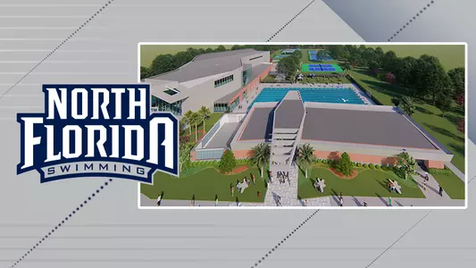 Swimming facility render with the UNF Swimming logo