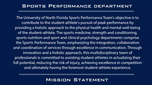 Sports Performance Department Mission Statement with text over a blue background